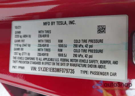 2021 Tesla Model 3 Long Range Dual Motor All-Wheel Drive из США, поврежденный, VIN 5YJ3E1EB3MF079735